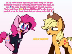 Size: 1600x1200 | Tagged: safe, artist:twital, applejack, pinkie pie, earth pony, pony, g4, applejack's hat, brainrot, clothes, cowboy hat, duo, duo female, emoji, female, gen alpha, gradient background, hat, hoodie, mare, meme, open mouth, parody, skibidi toilet, slang, zoomer