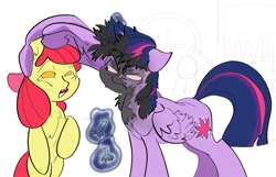 Size: 4610x2971 | Tagged: safe, artist:ponny, apple bloom, twilight sparkle, alicorn, earth pony, pony, g4, angry, burnt, duo, duo female, ears back, female, filly, foal, laboratory, magic, mare, ponified animal photo, potion, red eyes, shelf, simple background, singed, telekinesis, twilight sparkle (alicorn), twilight sparkle is not amused, unamused, white background, window, wing hands, wings