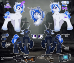 Size: 3500x3000 | Tagged: safe, artist:molars, oc, oc only, pony, unicorn, fallout equestria, armor, colored, commission, dashite, fallout equestria oc, flat colors, gun, horn, magic, pipbuck, reference sheet, shading, solo, telekinesis, weapon, white fur