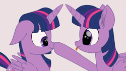 Size: 1920x1080 | Tagged: safe, artist:k. dale, twilight sparkle, alicorn, pony, g4, boop, cute, duality, duo, female, floppy ears, folded wings, looking at each other, looking at someone, mare, movie accurate, scrunchy face, self paradox, self ponidox, self-boop, sparkly eyes, tongue out, twiabetes, twilight sparkle (alicorn), twolight, wingding eyes, wings