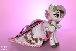 Size: 3000x2000 | Tagged: safe, artist:takibex, oc, oc only, earth pony, pony, 3d, blender, clothes, dress, eyeliner, female, flower, high res, long dress, makeup, mare, ribbon, saddle, tack