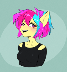 Size: 1304x1412 | Tagged: safe, artist:tomi_ouo, oc, oc only, oc:cuihua, anthro, anthro oc, blushing, clothes, female, looking at you, mare, open mouth, open smile, shirt, smiling, solo