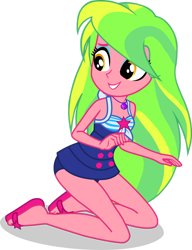 Size: 1280x1668 | Tagged: safe, artist:dustinwatsongkx, lemon zest, human, equestria girls, g4, my little pony equestria girls: better together, x marks the spot, accessory swap, armpits, bare shoulders, clothes, clothes swap, cute, geode of telekinesis, grin, jewelry, kneeling, looking over shoulder, magical geodes, necklace, one-piece swimsuit, sandals, sci-twi swimsuit, simple background, sleeveless, smiling, solo, swimsuit, swimsuit swap, teeth, transparent background, vector, zestabetes