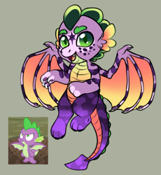 Size: 1280x1392 | Tagged: safe, artist:malinraf1615, spike, dragon, g4, molt down, season 8, alternate design, alternate universe, body markings, colored belly, colored claws, colored paw pads, colored paws, colored pupils, colored wings, cute, facial markings, flying, gradient eyes, gradient wings, gray background, green pupils, leg markings, male, multicolored wings, open mouth, open smile, pale belly, paw pads, paws, redesign, reference used, screencap reference, simple background, slit pupils, smiling, solo, spikabetes, tail markings, twilight's cutie mark, wing markings, winged spike, wings