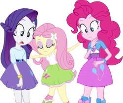 Size: 2999x2520 | Tagged: safe, edit, edited screencap, editor:homersimpson1983, screencap, fluttershy, pinkie pie, rarity, human, equestria girls, g4, background removed, eyes closed, eyes open, female, not a vector, simple background, transparent background, trio, trio female