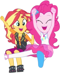 Size: 2059x2520 | Tagged: safe, edit, edited screencap, editor:homersimpson1983, screencap, pinkie pie, sunset shimmer, human, equestria girls, g4, background removed, clothes, duo, duo female, female, hands up, happy, not a vector, rah rah skirt, simple background, skirt, transparent background