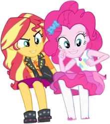 Size: 2231x2520 | Tagged: safe, edit, edited screencap, editor:homersimpson1983, screencap, pinkie pie, sunset shimmer, human, equestria girls, g4, my little pony equestria girls: choose your own ending, sock it to me, sock it to me: rarity, background removed, clothes, duo, duo female, female, not a vector, rah rah skirt, simple background, skirt, transparent background