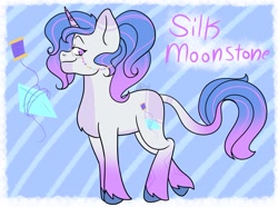 Size: 1421x1055 | Tagged: safe, artist:basil, artist:dj axel, oc, oc only, oc:silk moonstone, pony, unicorn, g4, g5, blue background, blue hooves, chest fluff, colored belly, colored eartips, colored fetlocks, colored hooves, colored horn, colored muzzle, commissioner:prixy05, cutie mark, ear markings, ear stripes, eyebrows, eyelashes, female, fusion, fusion:izzy moonbow, fusion:rarity, glasses, gradient horn, gradient legs, gradient mane, gradient tail, hooves, horn, izzy and her 2nd heroine, leg markings, leonine tail, mare, monocle, no pupils, ponytail, purple eyes, raised eyebrow, raised leg, signature, simple background, smiling, solo, standing, standing on three hooves, striped background, striped mane, striped tail, tail, thick neck, tied mane, two toned ears, two toned horn, two toned mane, two toned tail, unicorn horn, unshorn fetlocks, wall of tags, white coat