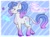 Size: 1421x1055 | Tagged: safe, artist:dj axel, oc, oc only, oc:silk moonstone, pony, unicorn, g4, g5, blue background, blue hooves, chest fluff, colored belly, colored eartips, colored fetlocks, colored hooves, colored horn, colored muzzle, commissioner:prixy05, cutie mark, ear markings, ear stripes, eyebrows, eyelashes, female, fusion, fusion:izzy moonbow, fusion:rarity, glasses, gradient horn, gradient legs, gradient mane, gradient tail, hooves, horn, izzy and her 2nd heroine, leg markings, leonine tail, mare, monocle, no pupils, ponytail, purple eyes, raised eyebrow, raised leg, signature, simple background, smiling, solo, standing, standing on three hooves, striped background, striped mane, striped tail, tail, thick neck, tied mane, two toned ears, two toned horn, two toned mane, two toned tail, unicorn horn, unshorn fetlocks, wall of tags, white coat