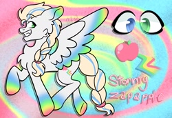 Size: 1579x1080 | Tagged: safe, artist:dj axel, oc, oc only, oc:stormy zapapple, pegasus, pony, g4, g5, abstract background, blonde mane, blonde tail, braid, braided ponytail, braided tail, cheek fluff, chest fluff, coat markings, colored eartips, colored wings, colored wingtips, commissioner:prixy05, cutie mark, ear fluff, eyebrows, eyebrows visible through hair, eyelashes, fangs, floating eyebrows, fusion, fusion:applejack, fusion:zipp storm, glowing text, gradient ears, gradient legs, gradient wings, gray coat, green eyes, heterochromia, long mane, long tail, looking back, male, multicolored ears, multicolored wings, multicolored wingtips, ponytail, profile, rainbow background, rainbow ears, rainbow hooves, rainbow wings, raised hoof, raised leg, signature, smiling, socks (coat markings), solo, spread wings, stallion, tail, text, tied mane, tied tail, two toned mane, two toned tail, wall of tags, white text, wings, zoom layer