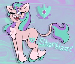 Size: 1260x1080 | Tagged: safe, artist:basil, artist:dj axel, oc, oc only, oc:starblaze, earth pony, pony, g4, g5, abstract background, blue eyes, chest fluff, chest marking, coat markings, colored belly, colored eartips, colored fetlocks, colored hooves, commissioner:prixy05, cutie mark, ear piercing, earring, eyelashes, female, fusion, fusion:hitch trailblazer, fusion:starlight glimmer, glowing text, hooves, jewelry, leonine tail, looking back, mare, mismatched eyebrows, not starlight glimmer, one eye closed, open mouth, open smile, pale belly, piercing, pink coat, purple background, signature, simple background, smiling, socks (coat markings), solo, striped tail, tail, tail markings, teal hooves, teeth, thick eyelashes, thin, thin tail, two toned ears, two toned mane, two toned tail, unshorn fetlocks, wall of tags, white text, wink, zoom layer