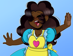 Size: 1401x1074 | Tagged: safe, artist:dj axel, pinkie pie, human, g4, apron, blue background, blue dress, blush lines, blushing, brown hair, clothes, commissioner:prixy05, curly hair, dark skin, dress, eyes closed, female, frilly dress, gradient background, halfbody, humanized, lipstick, long hair, natural hair color, open mouth, open smile, raised arms, red lipstick, shiny hair, simple background, smiling, solo, two toned hair