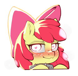 Size: 829x807 | Tagged: safe, artist:cold-blooded-twilight, apple bloom, earth pony, pony, g4, bedroom eyes, blushing, bow, collar, female, filly, foal, freckles, glowing, glowing eyes, heart, heart eyes, panting, simple background, solo, transparent background, wingding eyes