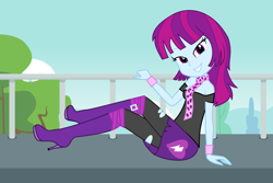 Size: 6250x4167 | Tagged: safe, artist:moogood, mystery mint, human, equestria girls, g4, absurd resolution, background human, bare shoulders, blouse, boots, bracelet, breasts, cleavage, clothes, complex background, crossed legs, cute, cutie mark on clothes, female, heart, high heel boots, high heels, jewelry, leggings, looking at you, mysterybetes, off shoulder, outdoors, pantyhose, png, raised leg, ripped pantyhose, scarf, shoes, sitting, skirt, smiling, smiling at you, solo, torn clothes, vector, wristband