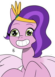 Size: 2289x3183 | Tagged: safe, artist:frownfactory, pipp petals, pegasus, pony, g5, my little pony: tell your tale, colored wings, diadem, eyebrows, female, grin, high res, jewelry, mare, regalia, signature, simple background, smiling, solo, sparkly eyes, spread wings, transparent background, wingding eyes, wings