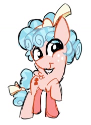 Size: 947x1307 | Tagged: safe, artist:appledash3r_, cozy glow, pegasus, pony, g4, big eyes, blue mane, blue tail, bow, colored sketch, cozy glow's bow, curly mane, curly tail, eye clipping through hair, female, filly, foal, freckles, hair accessory, hair bow, mane accessory, raised hoof, requested art, simple background, sketch, smiling, solo, standing, standing on three hooves, tail, tied mane, tied tail, two toned mane, two toned tail, white background, yellow bow