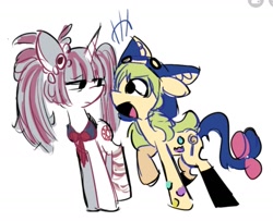 Size: 1463x1187 | Tagged: safe, artist:appledash3r_, earth pony, pony, unicorn, animal hood, bandage, bandaged leg, black socks, cat tail, chie komiya, clothes, colored pinnae, colored sketch, cream coat, duo, duo female, emanata, eye clipping through hair, eyebrows, eyebrows visible through hair, female, frown, horn, lidded eyes, long socks, looking at someone, mare, open mouth, open smile, pigtails, ponified, raised hoof, requested art, ritsu kamiki, sailor collar, simple background, sketch, smiling, smiling at someone, socks, standing, standing on three hooves, tail, tied mane, two toned mane, white background, white coat, wolf game