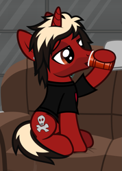 Size: 872x1228 | Tagged: safe, artist:lightningbolt, derpibooru exclusive, pony, unicorn, .svg available, alcohol, all time low, clothes, couch, cup, drink, drinking, dyed mane, dyed tail, ear piercing, facial hair, hoof hold, horn, jack barakat, lidded eyes, male, messy room, piercing, ponified, shirt, show accurate, sitting, solo, stallion, svg, t-shirt, tail, vector