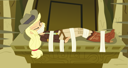 Size: 2923x1570 | Tagged: safe, alternate character, alternate version, artist:nie-martw-sie-o-mnie, part of a set, applejack, human, equestria girls, g4, read it and weep, applesub, bondage, boots, clothes, cowboy boots, cowboy hat, explorer outfit, eyes closed, female, femsub, gag, hat, jacket, peril, shoes, solo, submissive, tape, tape bondage, tape gag