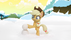 Size: 1920x1080 | Tagged: safe, screencap, applejack, earth pony, pony, g4, g4.5, my little pony: stop motion short, snowball fight (short), cute, smiling, snow, solo