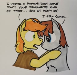 Size: 1757x1702 | Tagged: safe, artist:hoofclid, braeburn, oc, oc:hoofclid, earth pony, pony, unicorn, g4, canon x oc, dialogue, duo, duo male, gay, horn, male, marker drawing, shipping, traditional art