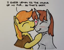 Size: 2007x1564 | Tagged: safe, artist:hoofclid, braeburn, oc, oc:hoofclid, earth pony, pony, unicorn, g4, canon x oc, duo, duo male, eyes closed, gay, heart, horn, kissing, male, nose kiss, shipping