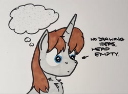 Size: 2048x1507 | Tagged: safe, artist:hoofclid, oc, oc only, oc:hoofclid, pony, unicorn, bust, head empty, horn, male, marker drawing, solo, stallion, thought bubble, traditional art