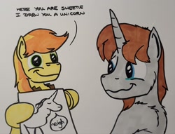 Size: 2048x1565 | Tagged: safe, artist:hoofclid, braeburn, oc, oc:hoofclid, earth pony, pony, unicorn, g4, canon x oc, chest fluff, dialogue, drawing, duo, duo male, gay, horn, male, marker drawing, shipping, smiling, stallion, traditional art, wavy mouth