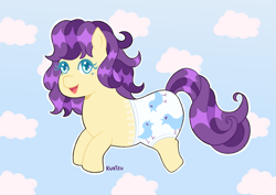 Size: 4093x2894 | Tagged: safe, artist:kurisumuffins, pony, g1, alternate design, alternate universe, baby splashes, cloud, cute, smiling, solo