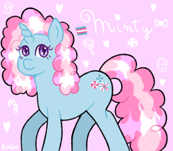 Size: 1280x1115 | Tagged: safe, artist:kurisumuffins, minty, pony, unicorn, g3, alternate design, alternate universe, brigadeiro, candies, female, heart, horn, pink background, pride, pride flag, shiny, simple background, smiling, solo, species swap, trans female, transgender, transgender pride flag, unicorn minty