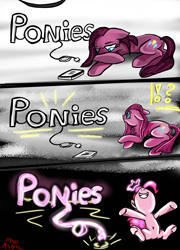 Size: 1800x2500 | Tagged: safe, artist:gabbygums21, pinkie pie, earth pony, pony, g4, 3 panel comic, arms wide open, belly, belly button, brooding, butt, cheerful, comic, crown, depressed, emanata, exclamation point, female, floppy ears, grin, happy, high res, interrobang, looking at something, looking down, lying down, mare, neon, neon sign, nose in the air, pinkamena diane pie, plot, plug, plugged, power cord, prone, question mark, sad, smiling, socket, solo, underhoof