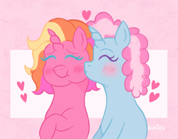 Size: 956x747 | Tagged: safe, artist:kurisumuffins, minty, rarity (g3), pony, unicorn, g3, ^^, alternate design, alternate universe, cheek kiss, chubby cheeks, couple, cute, eyes closed, female, heart, horn, kissing, lesbian, love, pink background, ship:rarimint, shipping, simple background, smiling, species swap, unicorn minty