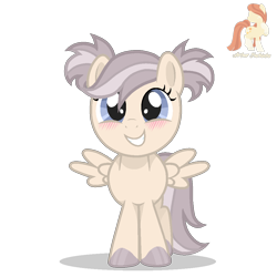 Size: 1000x1000 | Tagged: safe, artist:r4hucksake, oc, oc only, oc:sandy trails, pegasus, pony, blue eyes, blush lines, blushing, brown hooves, brown mane, brown tail, colored hooves, cream coat, female, female oc, filly, filly oc, foal, hooves, long tail, pegasus oc, pigtails, shadow, shiny hooves, short mane, signature, simple background, smiling, solo, spread wings, tail, tied mane, transparent background, two toned mane, two toned tail, wings