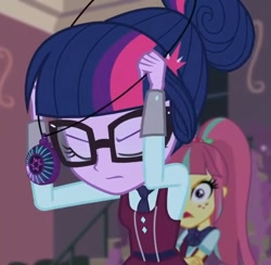 Size: 1234x1206 | Tagged: safe, screencap, sci-twi, sour sweet, twilight sparkle, human, equestria girls, g4, my little pony equestria girls: friendship games, angry, annoyed, canterlot high, clothes, cropped, crystal prep academy uniform, duo, duo female, eyes closed, female, magic capture device, necktie, school, school tie, school uniform, schoolgirl, singing, uniform, unleash the magic