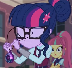 Size: 1276x1217 | Tagged: safe, screencap, sci-twi, sour sweet, twilight sparkle, human, equestria girls, g4, my little pony equestria girls: friendship games, angry, annoyed, canterlot high, clothes, cropped, crystal prep academy uniform, duo, duo female, eyes closed, female, magic capture device, necktie, school, school tie, school uniform, schoolgirl, singing, uniform, unleash the magic