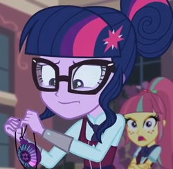 Size: 1242x1210 | Tagged: safe, screencap, sci-twi, sour sweet, twilight sparkle, human, equestria girls, g4, my little pony equestria girls: friendship games, angry, annoyed, canterlot high, clothes, cropped, crystal prep academy uniform, duo, duo female, female, magic capture device, necktie, nervous, school, school tie, school uniform, schoolgirl, singing, uniform, unleash the magic, unsure, upset