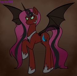 Size: 2672x2632 | Tagged: safe, artist:hayley566, sunny starscout, alicorn, pony, g5, alternate hairstyle, bat wings, black sclera, concave belly, cosplay, costume, female, helmet, hoof shoes, jewelry, mare, nightmare moon armor, nightmare night costume, nightmare sunny, nightmarified, race swap, raised hoof, regalia, slender, solo, sunnycorn, tall, thin, wings