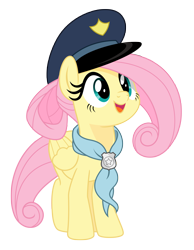 Size: 5083x6559 | Tagged: safe, alternate version, artist:estories, fluttershy, pegasus, pony, g4, absurd resolution, ascot, cute, female, fluttercop, mare, open mouth, open smile, police badge, police hat, shyabetes, simple background, smiling, solo, transparent background, vector