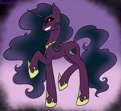 Size: 2771x2544 | Tagged: safe, artist:hayley566, izzy moonbow, pony, unicorn, g5, alternate hairstyle, black sclera, evil smile, female, grin, hoof shoes, horn, jewelry, mare, nightmare moonbow, nightmarified, raised hoof, raised leg, red eyes, regalia, smiling, solo, xk-class end-of-the-world scenario