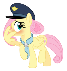 Size: 4436x4699 | Tagged: safe, artist:estories, fluttershy, pegasus, pony, g4, absurd resolution, alternate hairstyle, ascot, blushing, cute, female, fluttercop, hiding behind wing, mare, one wing out, police badge, police hat, shyabetes, simple background, smiling, solo, standing on two hooves, transparent background, vector, wavy mouth, wings