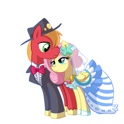 Size: 3000x3000 | Tagged: safe, anonymous artist, artist:madmax, big macintosh, fluttershy, earth pony, pegasus, pony, g4, alternate hairstyle, bowtie, clothes, dress, duo, duo male and female, element of kindness, eyeshadow, female, hat, headband, high res, lidded eyes, looking at each other, looking at someone, makeup, male, mare, marriage, nuzzling, outdoors, saddle, ship:fluttermac, shipping, simple background, smiling, smiling at each other, stallion, straight, tack, transparent background, tuxedo, vector, veil, wedding, wedding dress, wedding veil