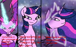 Size: 2560x1600 | Tagged: safe, artist:amarvax, sci-twi, twilight sparkle, alicorn, pony, equestria girls, g4, alicornified, empress, midnight sparkle, progression, race swap, solo