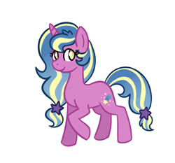 Size: 730x679 | Tagged: safe, artist:darkfrost-star, oc, oc only, oc:cosmic wish, unicorn, g4, crack ship offspring, eye clipping through hair, eyelashes, female, female oc, fringe, horn, long mane, long tail, looking back, magical lesbian spawn, mare, mare oc, next generation, no pupils, offspring, parent:lilymoon, parent:luster dawn, parents:lustermoon, ponytail, purple coat, raised hoof, simple background, smiling, solo, standing, standing on three hooves, tail, tied mane, tied tail, two toned mane, two toned tail, unicorn oc, wavy mane, wavy tail, white background, yellow eyes