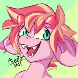 Size: 1936x1936 | Tagged: oc name needed, safe, artist:twi_sfw, oc, oc only, bat pony, pegasus, advertisement, avatar, bat pony oc, beanbrows, big ears, bust, colored ear fluff, colored ear tufts, colored eyebrows, colored sclera, commission, commission info, commission open, ear fluff, ear tufts, eyebrows, eyebrows visible through hair, fangs, floppy ears, horn, horns, looking back, open mouth, open smile, orange mane, pegasus oc, pink coat, portrait, profile picture, short mane, signature, small wings, smiling, solo, teal eyes, text, two toned background, two toned mane, wings, yellow sclera