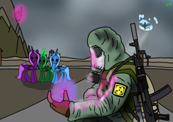 Size: 1200x847 | Tagged: safe, artist:aegishailstorm, oc, oc only, oc:nikolai, alicorn, human, pegasus, pony, fallout equestria, fanfic:fallout equestria: s.t.a.l.k.e.r, ak-101, alicorn oc, armor, artificial alicorn, blue alicorn (fo:e), canterlot, cloud, enclave, enclave armor, fanfic art, female, flying, folded wings, gas mask, glowing, glowing horn, green alicorn (fo:e), gun, horn, looking at someone, magic, mare, mask, pegasus oc, pink cloud (fo:e), purple alicorn (fo:e), radiation sign, rifle, spread wings, stalker, wasteland, weapon, wings