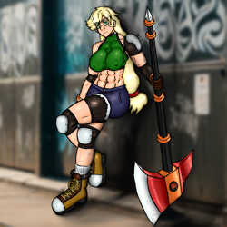 Size: 1700x1700 | Tagged: safe, artist:korencz11, applejack, human, g4, abs, applejacked, axe, breasts, busty applejack, erect nipples, graffiti, humanized, muscles, nipple outline, solo, weapon, zenless zone zero