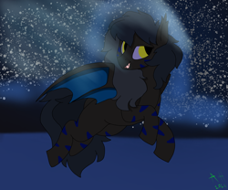 Size: 2400x2000 | Tagged: safe, artist:aegishailstorm, oc, oc:enigma, bat pony, hybrid, zony, abstract background, black coat, blank flank, blue mane, ear fluff, female, female oc, flying, gray mane, gray tail, leg markings, leg stripes, long mane, long tail, mare, mare oc, multciolorerd wings, night, raised hooves, signature, spread wings, stripes, tail, three toned wings, two toned mane, two toned tail, wings, yellow eyes, zebra hybrid, zony oc