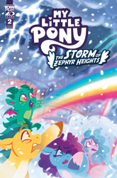 Size: 2063x3131 | Tagged: safe, artist:justasuta, idw, official comic, hitch trailblazer, izzy moonbow, misty brightdawn, sparky sparkeroni, dragon, earth pony, pony, unicorn, g5, my little pony: the storm of zephyr heights, official, spoiler:comic, spoiler:g5, spoiler:g5comic, baby, baby dragon, cloud, cloudsdale, cloudy, comic, comic cover, cover, cover art, female, horn, lightning, male, mare, my little pony logo, rainbow, rebirth misty, snow, snowfall, stallion, storm, the storm of zephyr heights #2