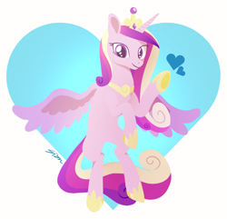 Size: 1400x1350 | Tagged: safe, artist:sion, princess cadance, alicorn, pony, g4, belly, cute, cutedance, female, flying, heart, heart background, heart eyes, mare, open mouth, open smile, simple background, smiling, solo, spread wings, waving, waving at you, white background, wingding eyes, wings