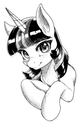 Size: 2000x3100 | Tagged: safe, artist:monanniverse, twilight sparkle, pony, unicorn, g4, bust, grayscale, horn, looking at you, monochrome, portrait, simple background, solo, white background